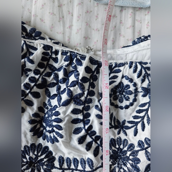 White And Navy Blue Embroidered Off The Shoulder Shorts Romper/ Jumpsuit - Picture 8 of 8